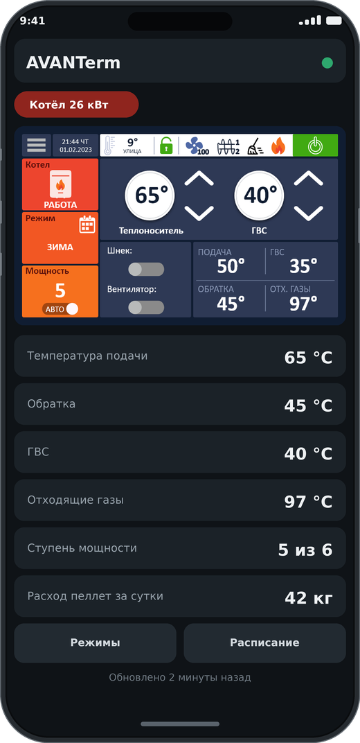 Приложение AVANTerm на экране смартфона: температуры теплоносителя, ГВС и ступень мощности котла